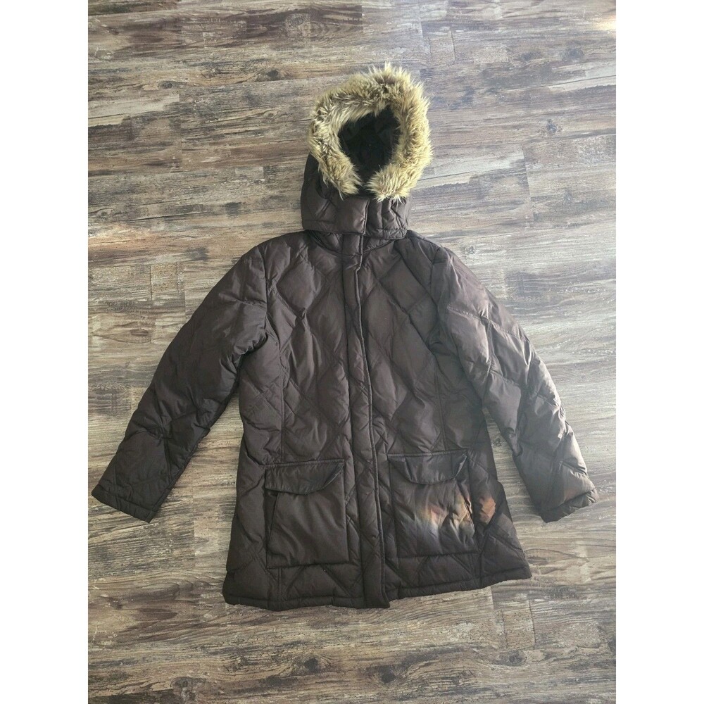 Lands' End Girls Puffer Down Jacket Coat Hooded Quilted Size L 14-16 Brown